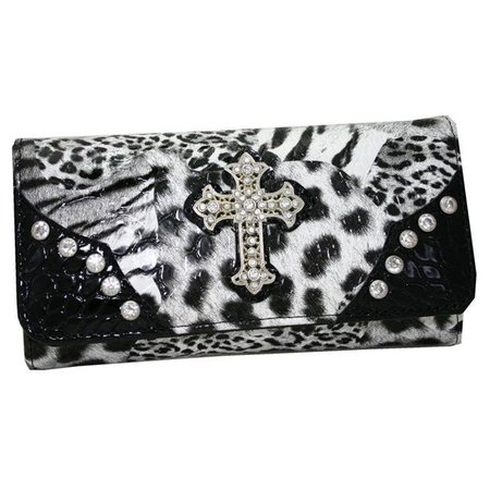 GOLD RUSH Gold Rush WC99-BK & LP Western Rhinestone Cross Accent Wallet - Black & Leopard WC99-BK/LP